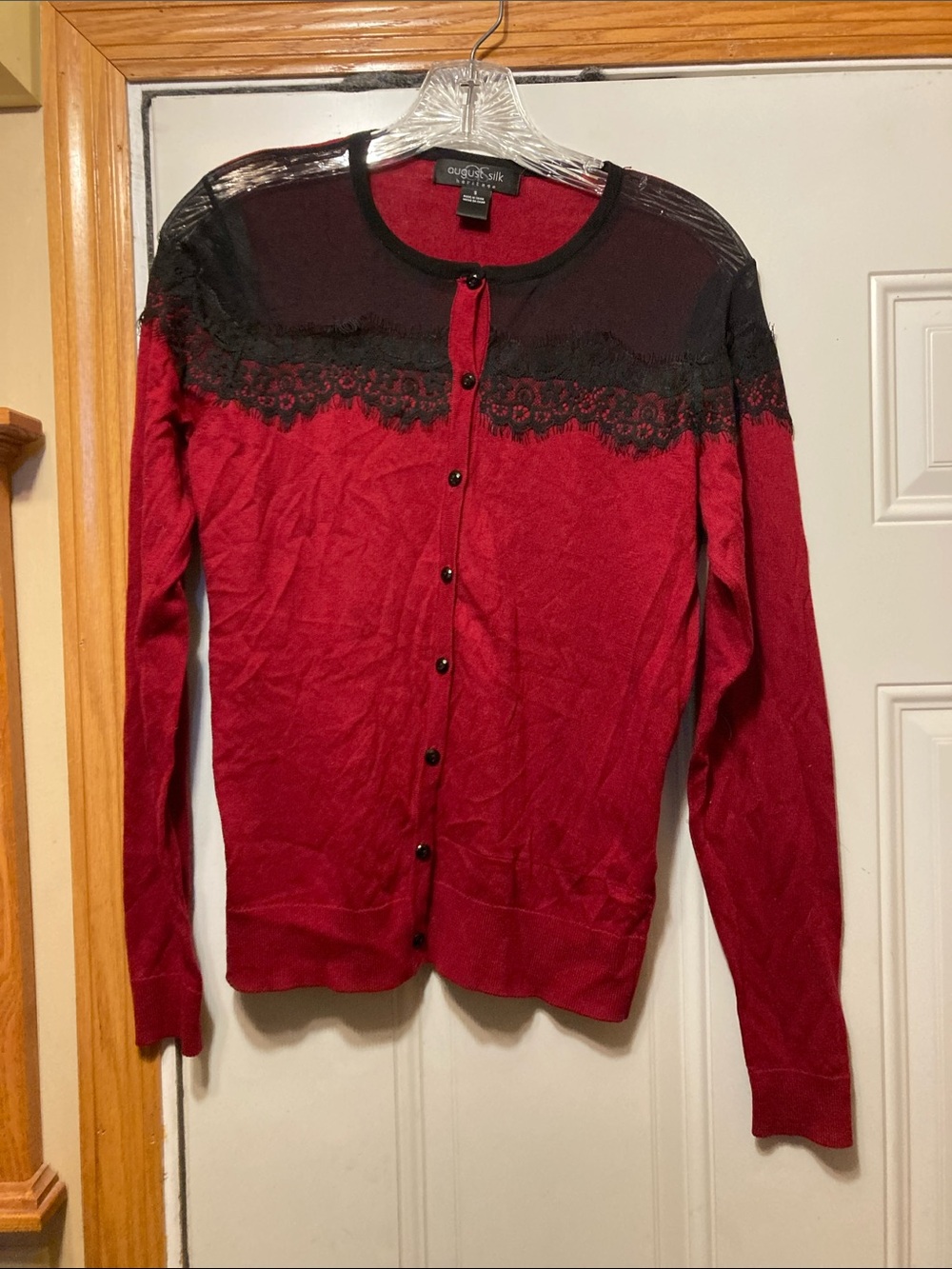 August Silk Red Cardigan with Black Lace Yoke S‎